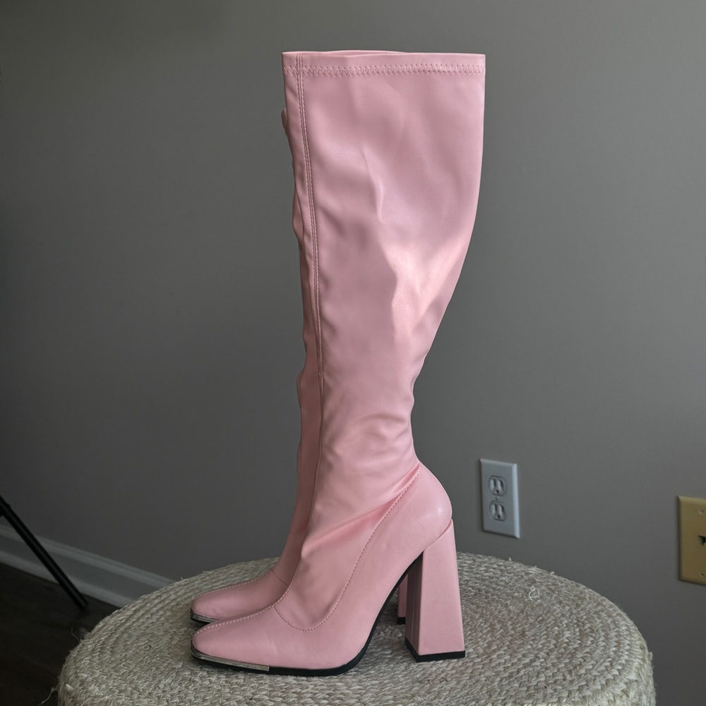 Public Desire Pink Knee High Heeled Boots
